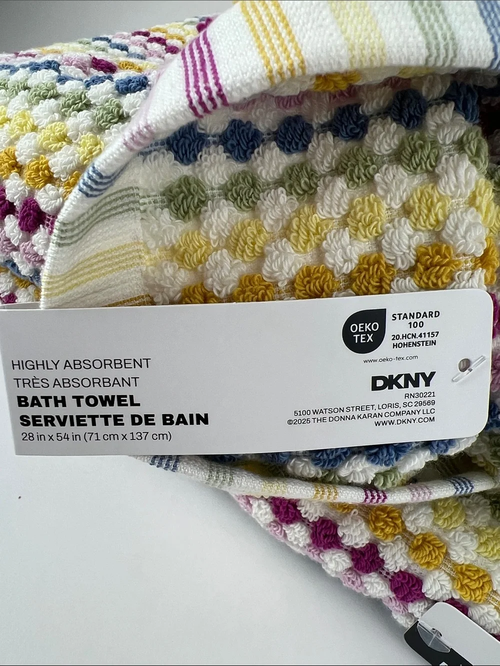 DKNY Bath Towels Multi Color Stripes & Dots Soft 100% Cotton 2 Pc Set NEW